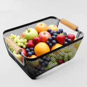 Kuber Industries Metal Mesh Basket for Storage with Wooden Handle | 280 gm | Fruit Basket & Vegetable Basket for Kitchen | Kitchen Organizer | Baskets for organizing Home | Black | Multipurpose