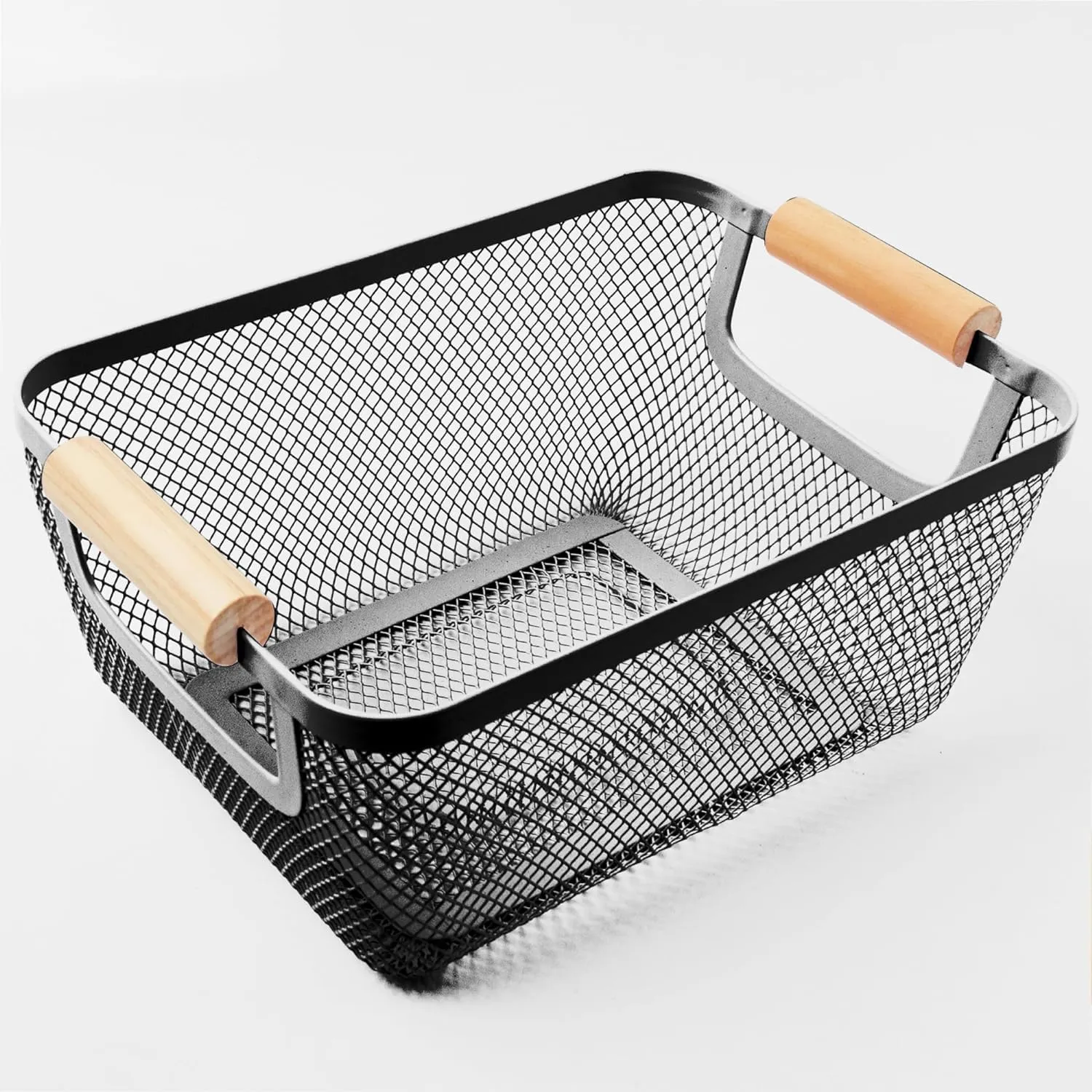 Kuber Industries Metal Mesh Basket for Storage with Wooden Handle | 280 gm | Fruit Basket & Vegetable Basket for Kitchen | Kitchen Organizer | Baskets for organizing Home | Black | Multipurpose