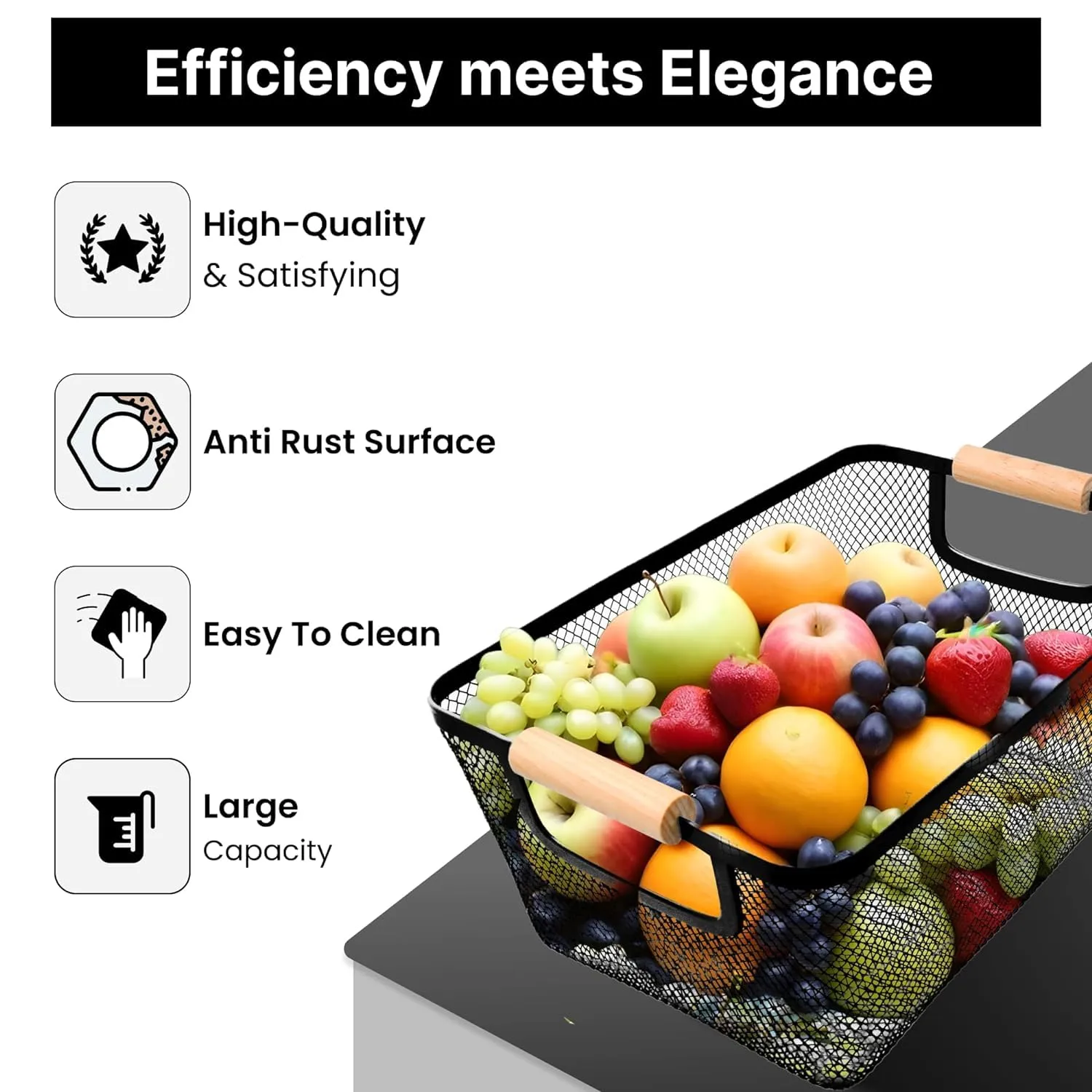 Kuber Industries Metal Mesh Basket for Storage with Wooden Handle | 280 gm | Fruit Basket & Vegetable Basket for Kitchen | Kitchen Organizer | Baskets for organizing Home | Black | Multipurpose