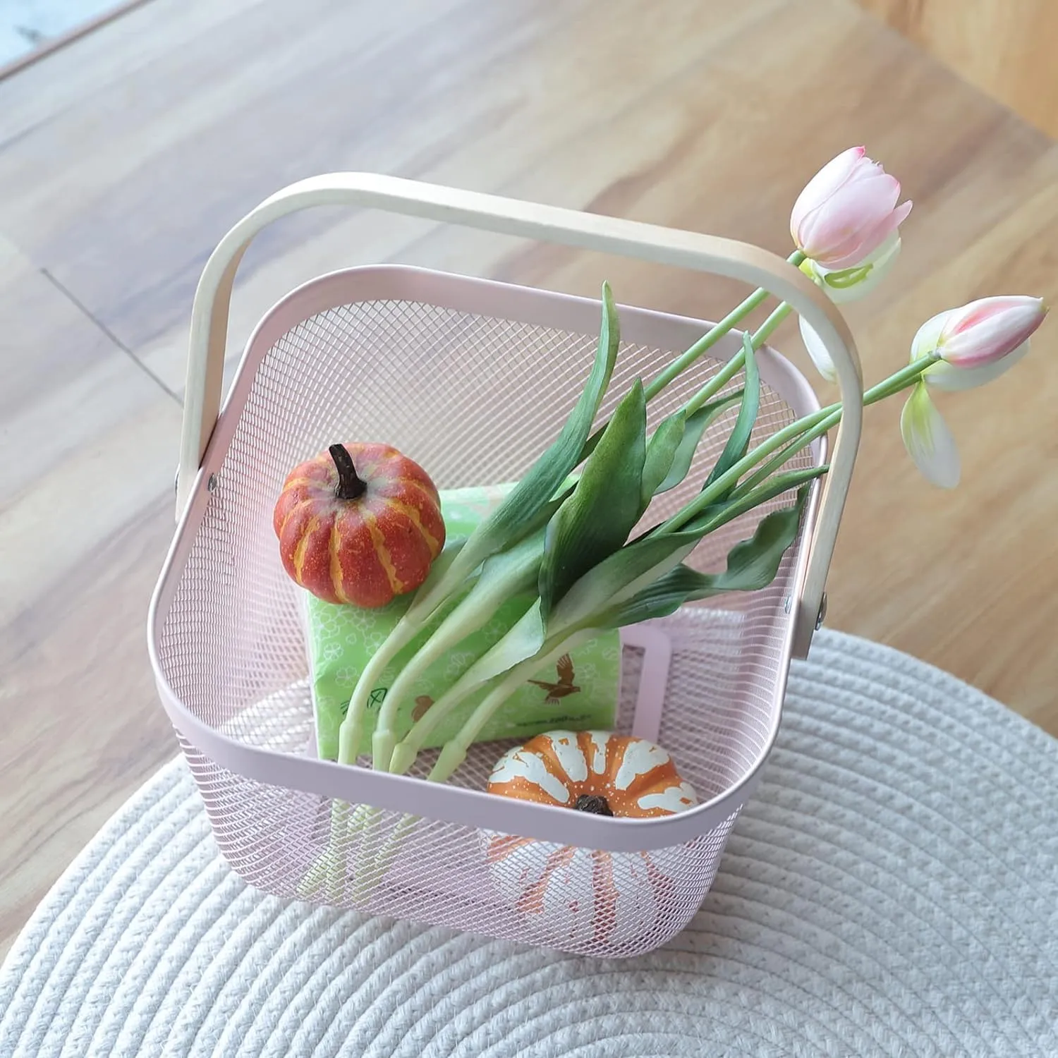 Kuber Industries Metal Wire Basket With Handle|Storage Basket Fot Fruits, Books|Mesh Open Storage Bin|Storage Organizer|Pack Of 3|Pink