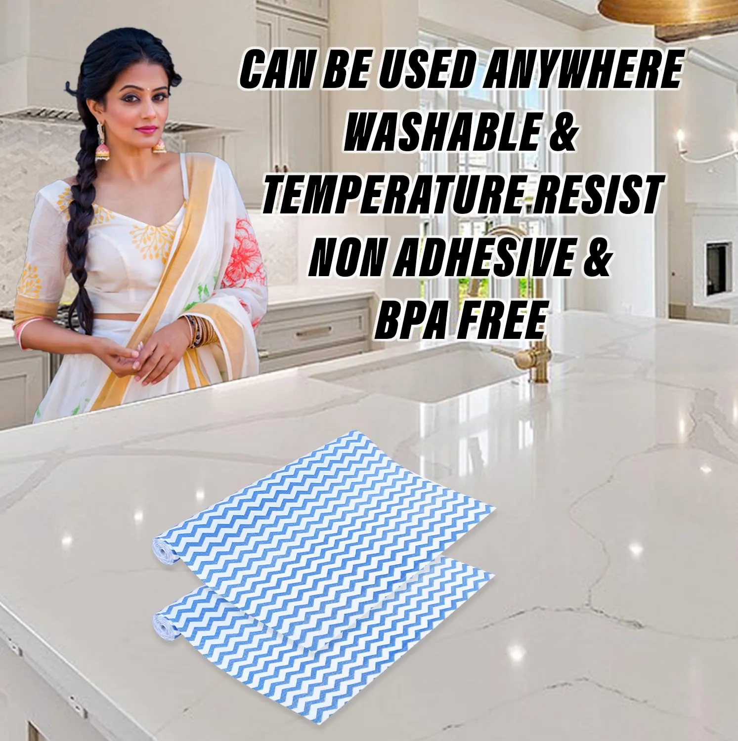 Kuber Industries Shelf Liner | EVA Kitchen Cabinet Shelf Mat | Anti-Slip Bathroom Mat | Fridge Mat | Table Mat | Zig Zag Design Wardrobe Mat | 3 Meter | Blue