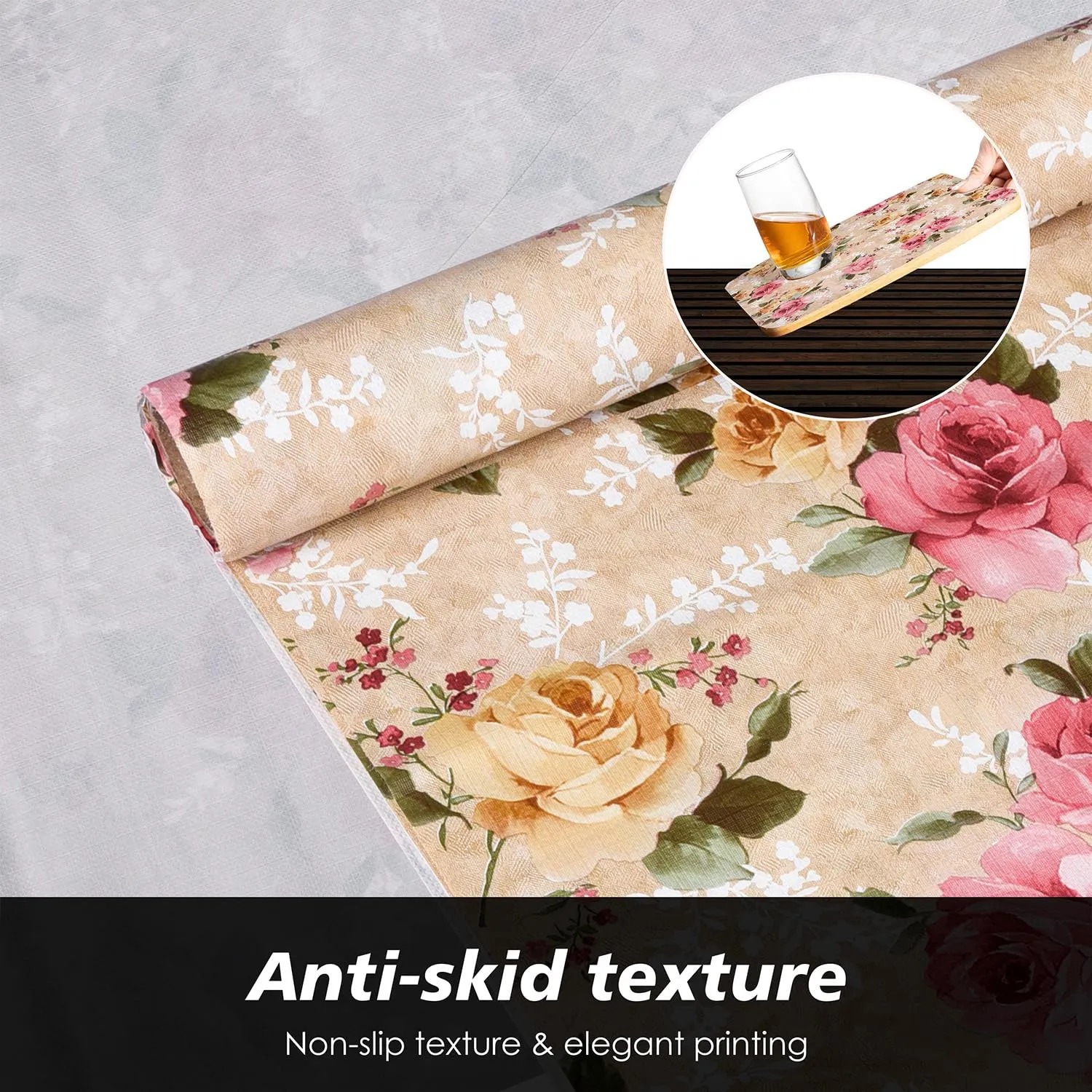 Kuber Industries Shelf Liner | PVC Kitchen Cabinet Shelf Mat | Shelf Mat for Drawer Organizer | Fridge Mat | Table Placemat | Flower Design Wardrobe Mat | 10 Meter | Beige