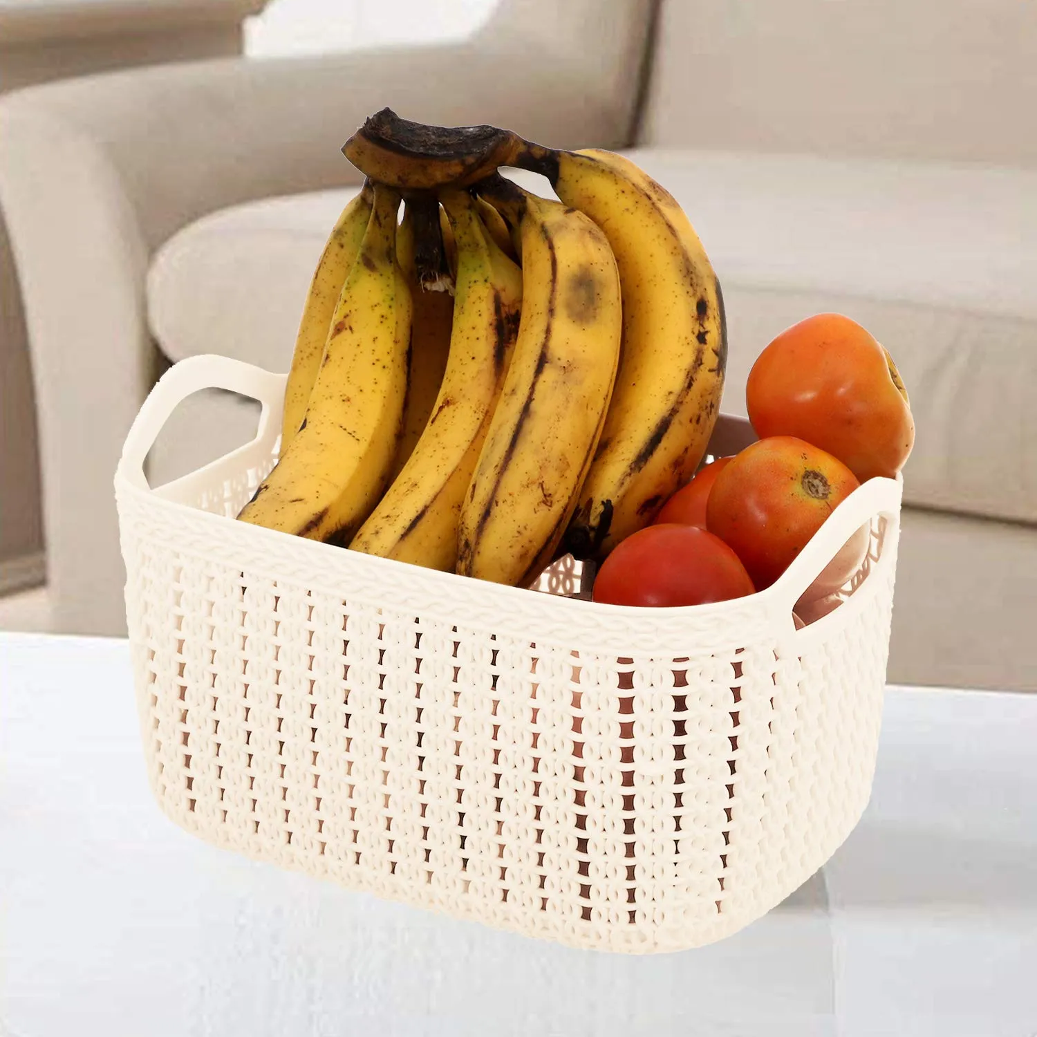 Kuber Industries Unbreakable Plastic 4 Pieces Multipurpose Medium Size Flexible Storage Baskets/Fruit Vegetable Bathroom Stationary Home Basket with Handles (Cream & Grey) -CTKTC39101, Standard