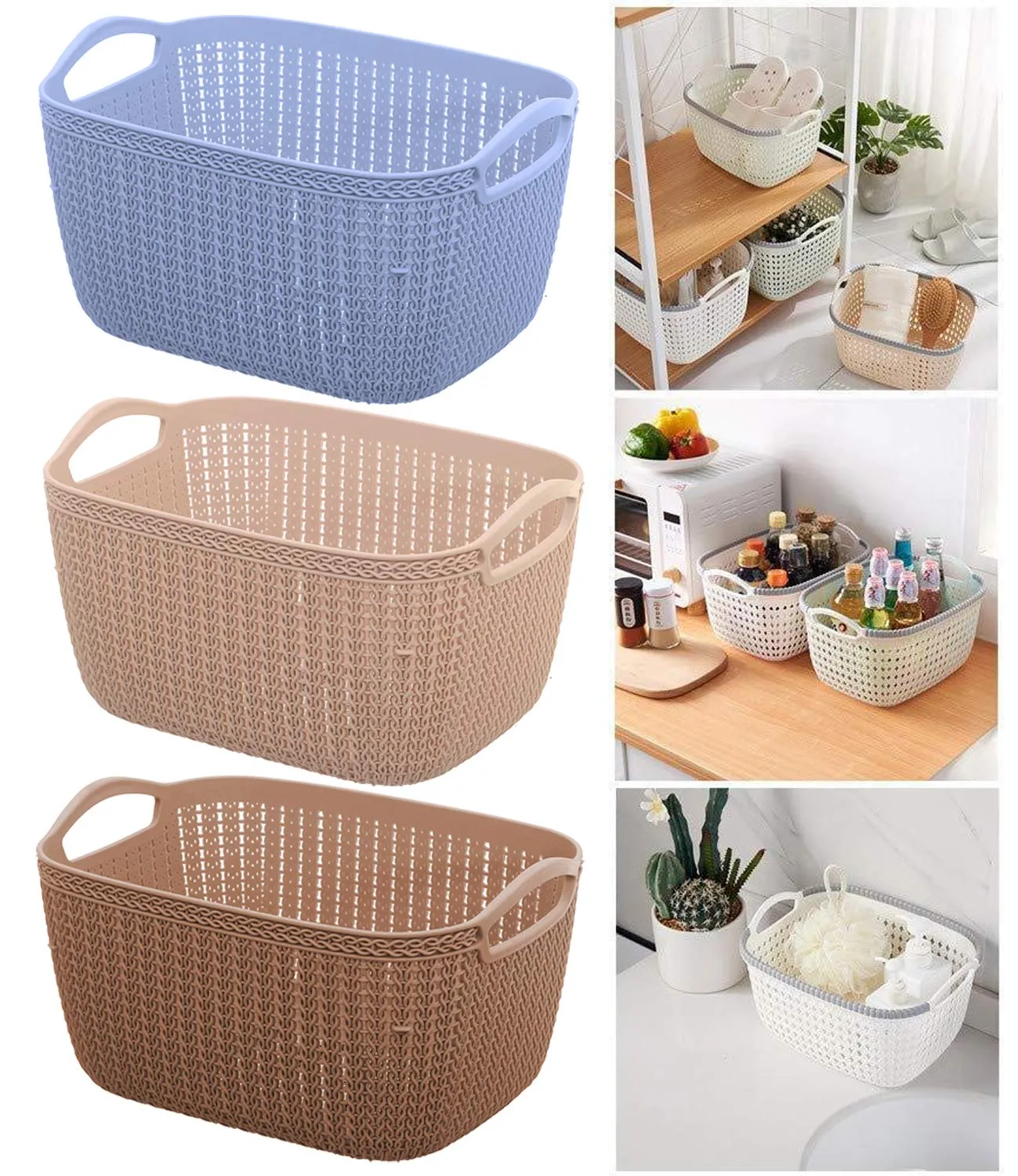 Kuber Industries Unbreakable Plastic 4 Pieces Multipurpose Medium Size Flexible Storage Baskets/Fruit Vegetable Bathroom Stationary Home Basket with Handles (Cream & Grey) -CTKTC39101, Standard