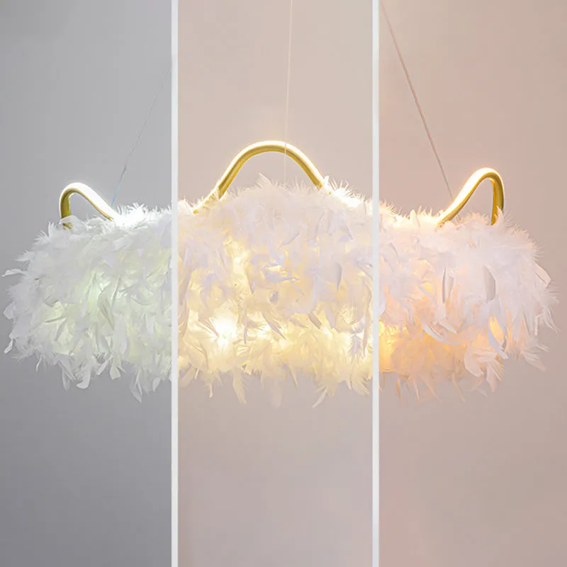 LED Crown-Shaped Chandelier: Minimalist Feather White Hanging Light for Kids Bedroom