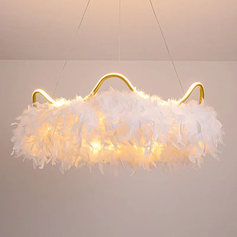 LED Crown-Shaped Chandelier: Minimalist Feather White Hanging Light for Kids Bedroom