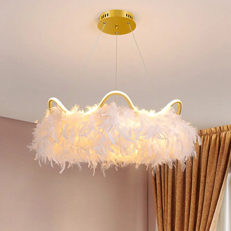 LED Crown-Shaped Chandelier: Minimalist Feather White Hanging Light for Kids Bedroom