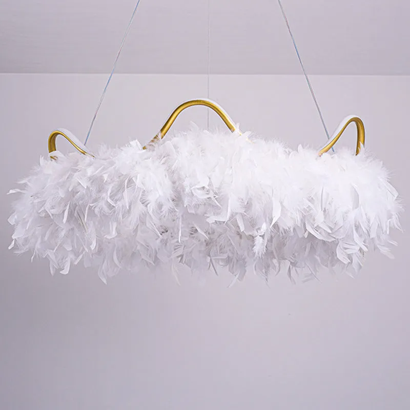 LED Crown-Shaped Chandelier: Minimalist Feather White Hanging Light for Kids Bedroom
