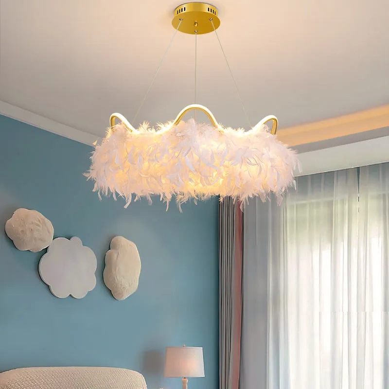 LED Crown-Shaped Chandelier: Minimalist Feather White Hanging Light for Kids Bedroom
