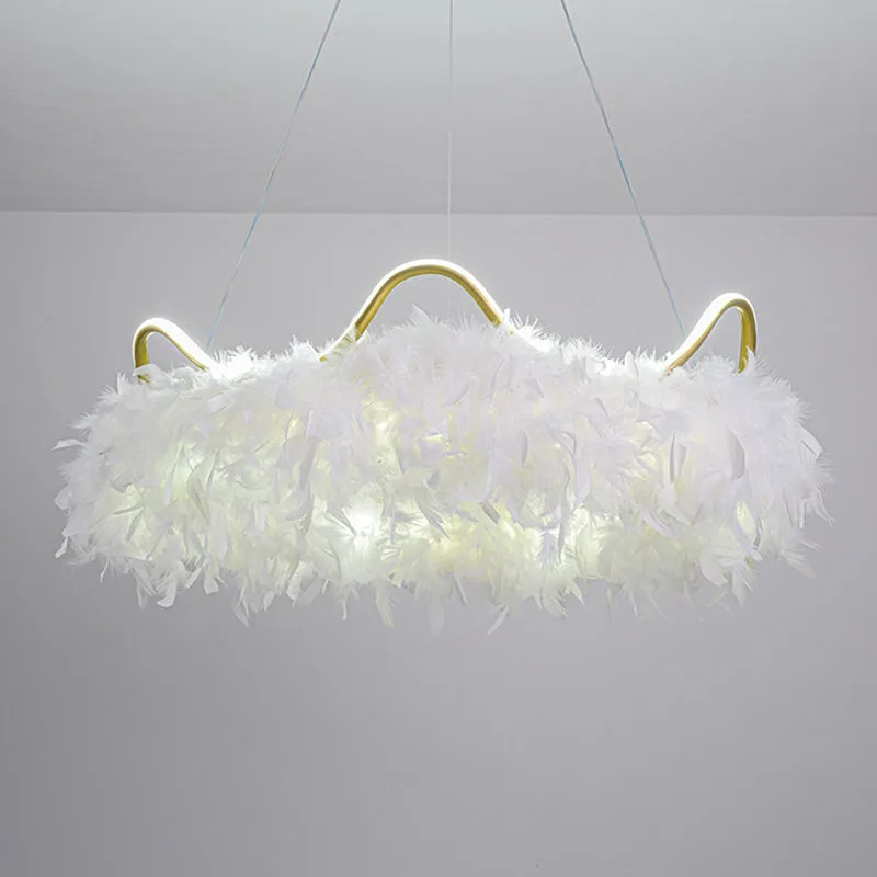 LED Crown-Shaped Chandelier: Minimalist Feather White Hanging Light for Kids Bedroom