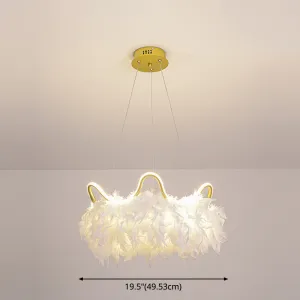 LED Crown-Shaped Chandelier: Minimalist Feather White Hanging Light for Kids Bedroom