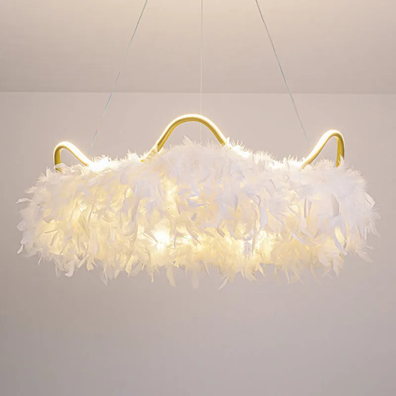 LED Crown-Shaped Chandelier: Minimalist Feather White Hanging Light for Kids Bedroom
