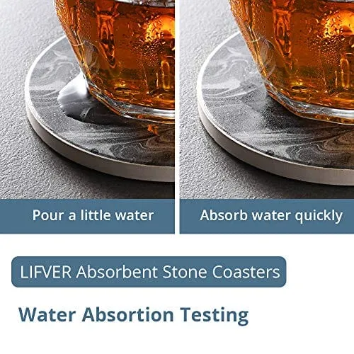 LIFVER Coasters with Holder, Set of 6 Coasters for Drinks Absorbent Stone, Black Marble Style Ceramic Drink Coaster for Tabletop Protection