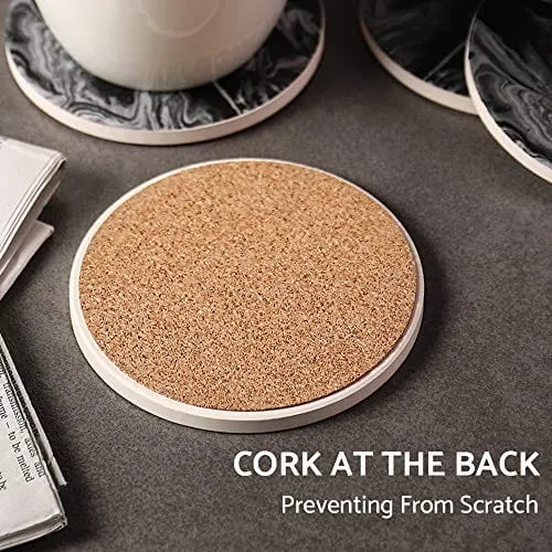 LIFVER Coasters with Holder, Set of 6 Coasters for Drinks Absorbent Stone, Black Marble Style Ceramic Drink Coaster for Tabletop Protection