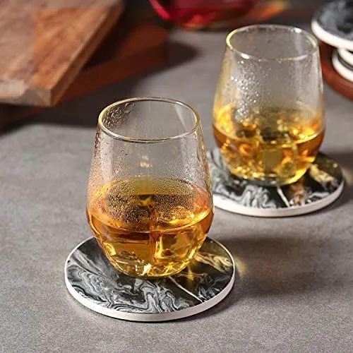 LIFVER Coasters with Holder, Set of 6 Coasters for Drinks Absorbent Stone, Black Marble Style Ceramic Drink Coaster for Tabletop Protection