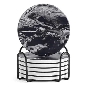 LIFVER Coasters with Holder, Set of 6 Coasters for Drinks Absorbent Stone, Black Marble Style Ceramic Drink Coaster for Tabletop Protection