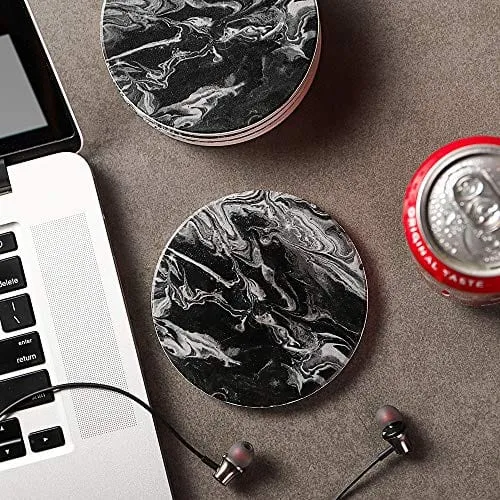 LIFVER Coasters with Holder, Set of 6 Coasters for Drinks Absorbent Stone, Black Marble Style Ceramic Drink Coaster for Tabletop Protection