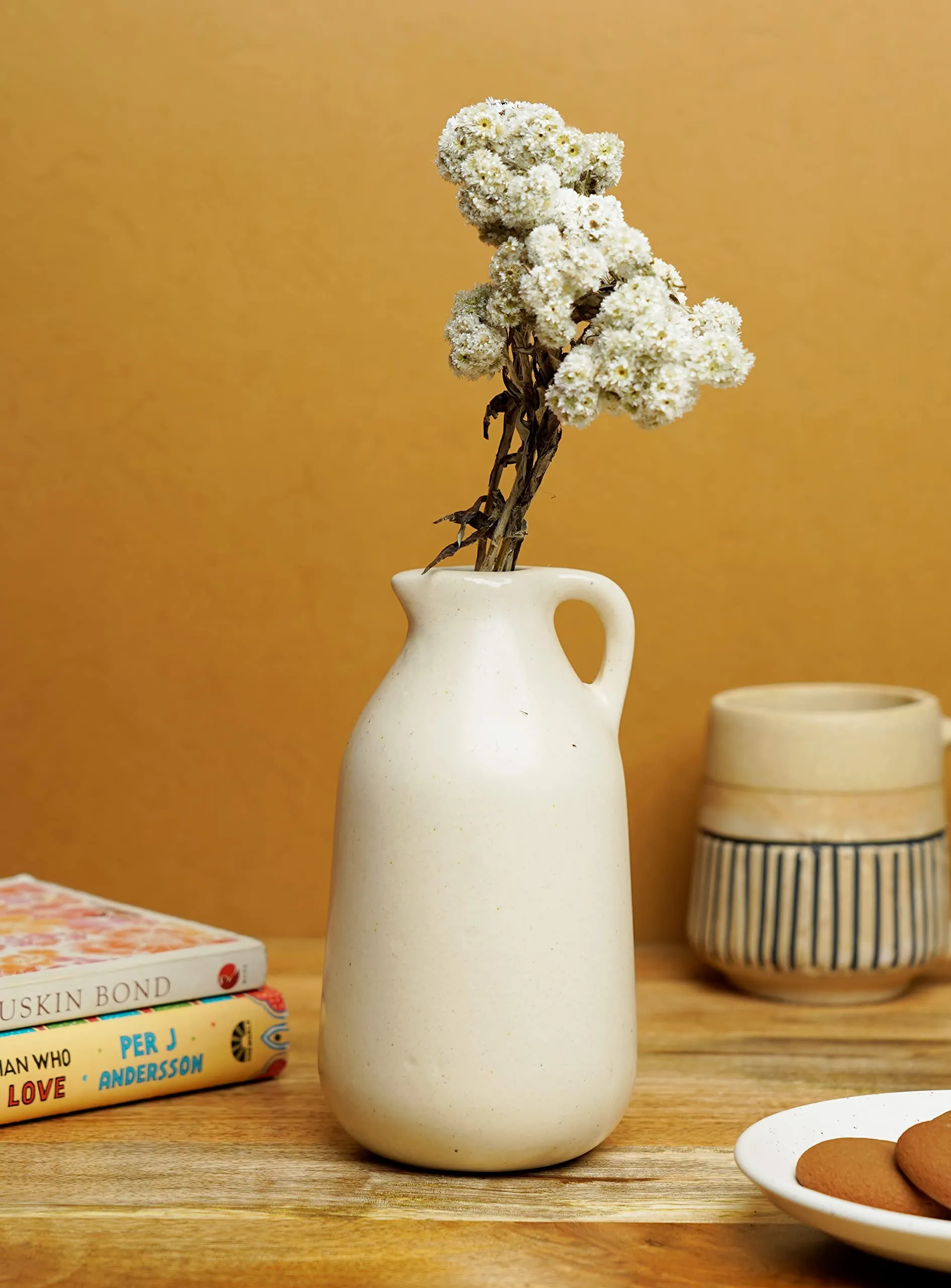 LOCALKALA Ceramic Milk Jug Vase/Eggshell Vase to Keep Pampas Grass, Flowers, Fillers for Centerpieces, Side Table and Home Decor - Marble White Colour, 15Cm Height