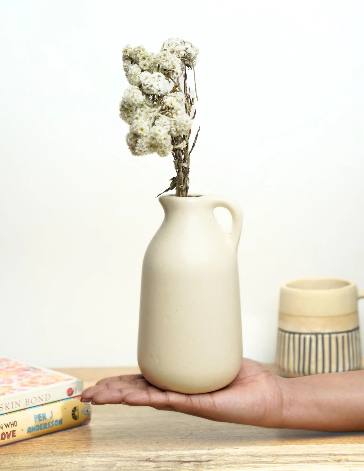LOCALKALA Ceramic Milk Jug Vase/Eggshell Vase to Keep Pampas Grass, Flowers, Fillers for Centerpieces, Side Table and Home Decor - Marble White Colour, 15Cm Height