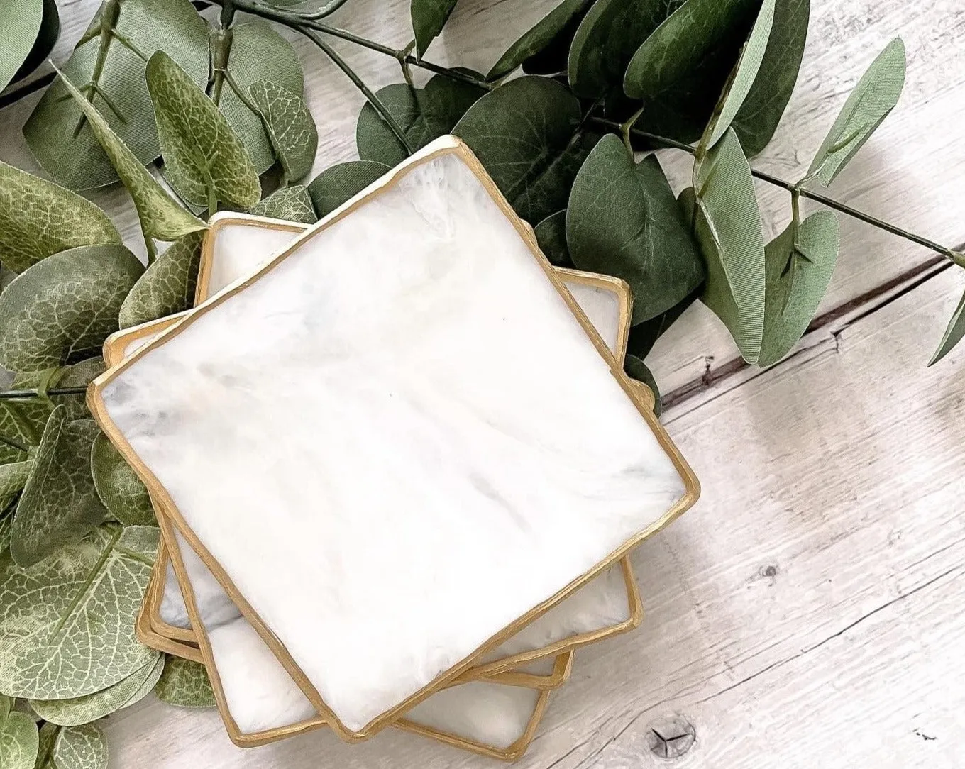Luster & Polish White Marble Square Coaster Set
