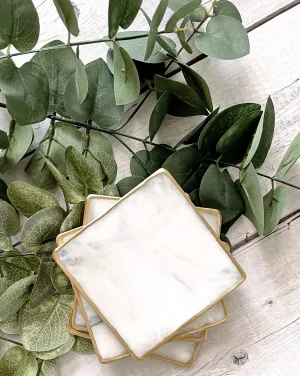 Luster & Polish White Marble Square Coaster Set
