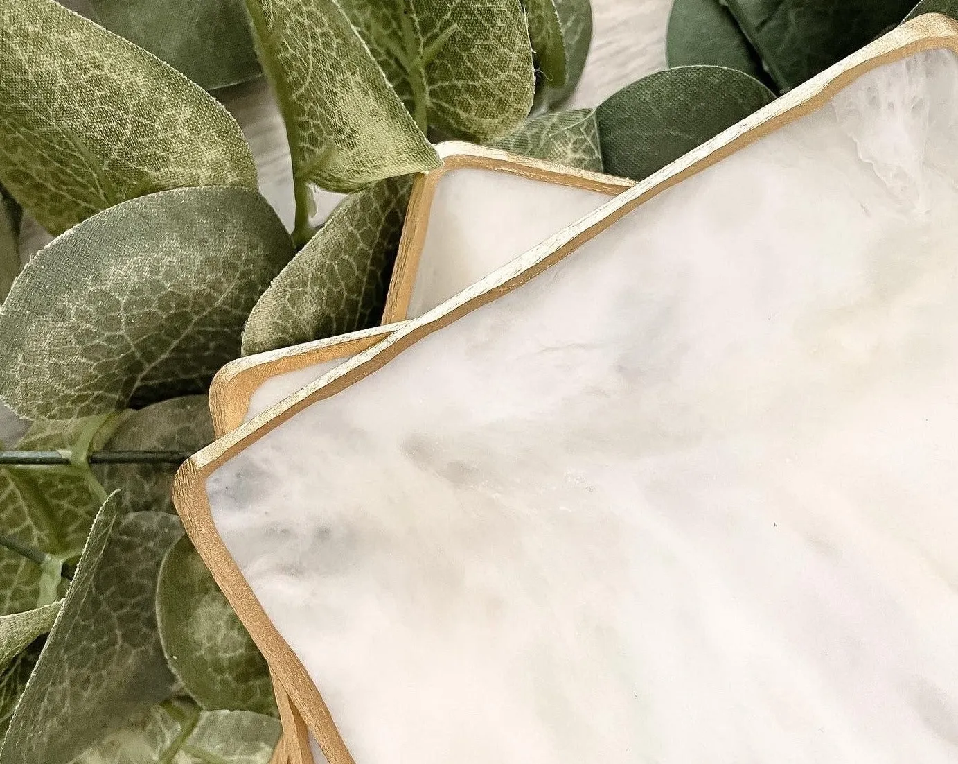 Luster & Polish White Marble Square Coaster Set
