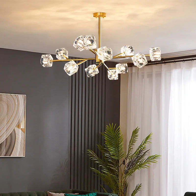 Minimalist Gold Finish Chandelier: Crystal Cube Pendant Lighting with Branch Design