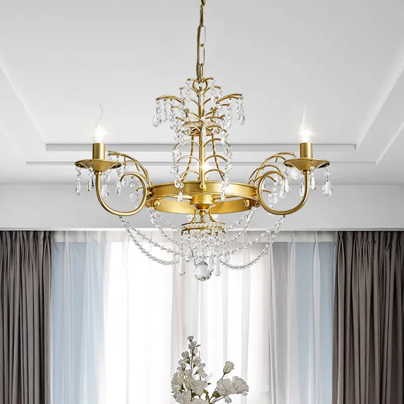 Modern Crystal Pendant Chandelier with 3 Bulbs in Gold for Living Room