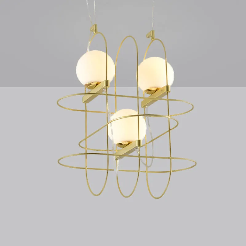 Modern Gold Oval Frame Hanging Ceiling Light - 3-Head Metal Chandelier with Opal Glass Shade