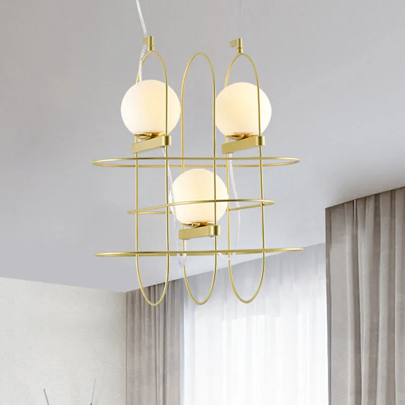 Modern Gold Oval Frame Hanging Ceiling Light - 3-Head Metal Chandelier with Opal Glass Shade