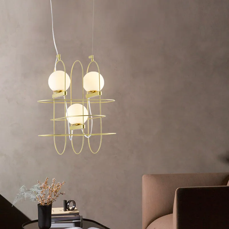 Modern Gold Oval Frame Hanging Ceiling Light - 3-Head Metal Chandelier with Opal Glass Shade