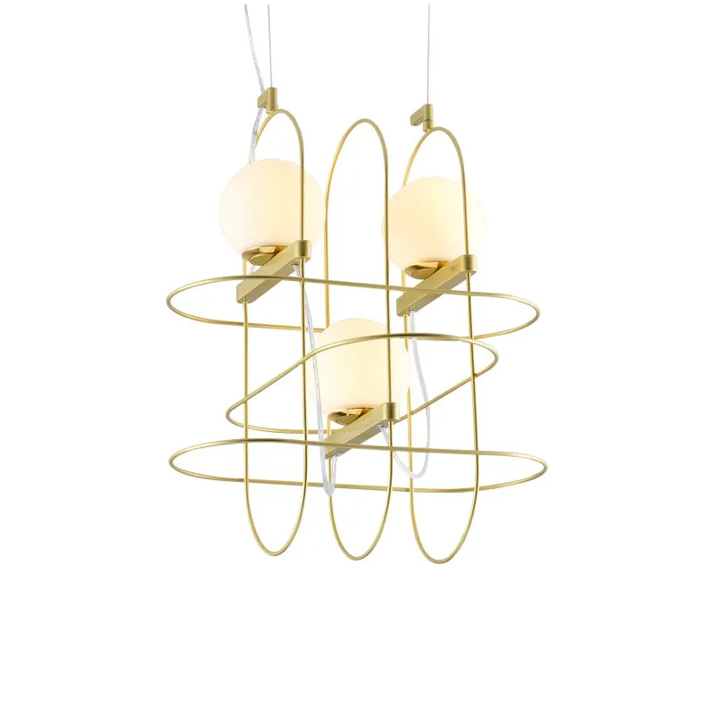 Modern Gold Oval Frame Hanging Ceiling Light - 3-Head Metal Chandelier with Opal Glass Shade
