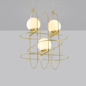 Modern Gold Oval Frame Hanging Ceiling Light - 3-Head Metal Chandelier with Opal Glass Shade