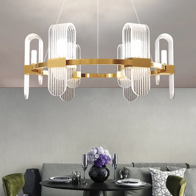 Modernist Acrylic Chandelier - Gold LED Ceiling Pendant Lamp - Bend Rectangle Panel - 6-Light Design