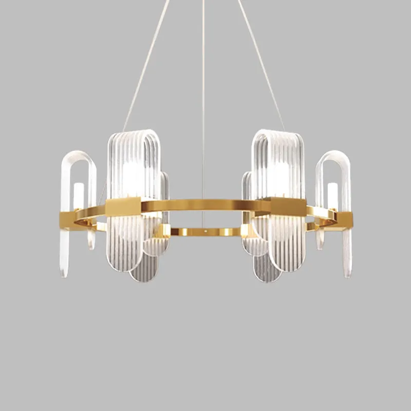 Modernist Acrylic Chandelier - Gold LED Ceiling Pendant Lamp - Bend Rectangle Panel - 6-Light Design