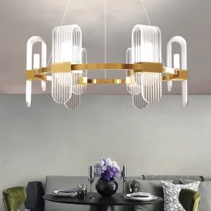 Modernist Acrylic Chandelier - Gold LED Ceiling Pendant Lamp - Bend Rectangle Panel - 6-Light Design