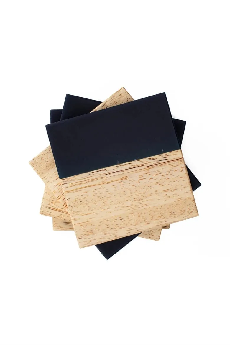 Monkey Pod and Navy Blue Epoxy Coaster Set