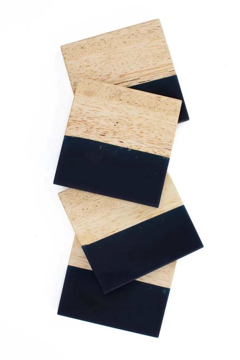 Monkey Pod and Navy Blue Epoxy Coaster Set