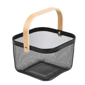 Multi-Functional Handheld Mesh Storage Basket With A Wooden Handle Sq Black