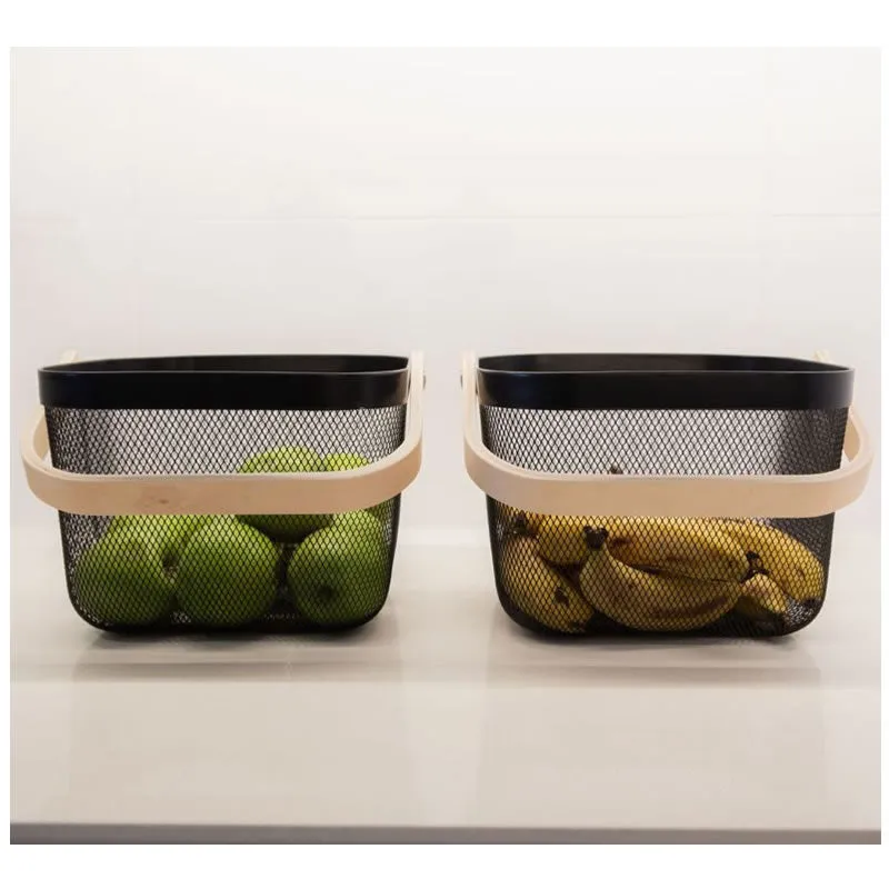 Multi-Functional Handheld Mesh Storage Basket With A Wooden Handle Sq Black