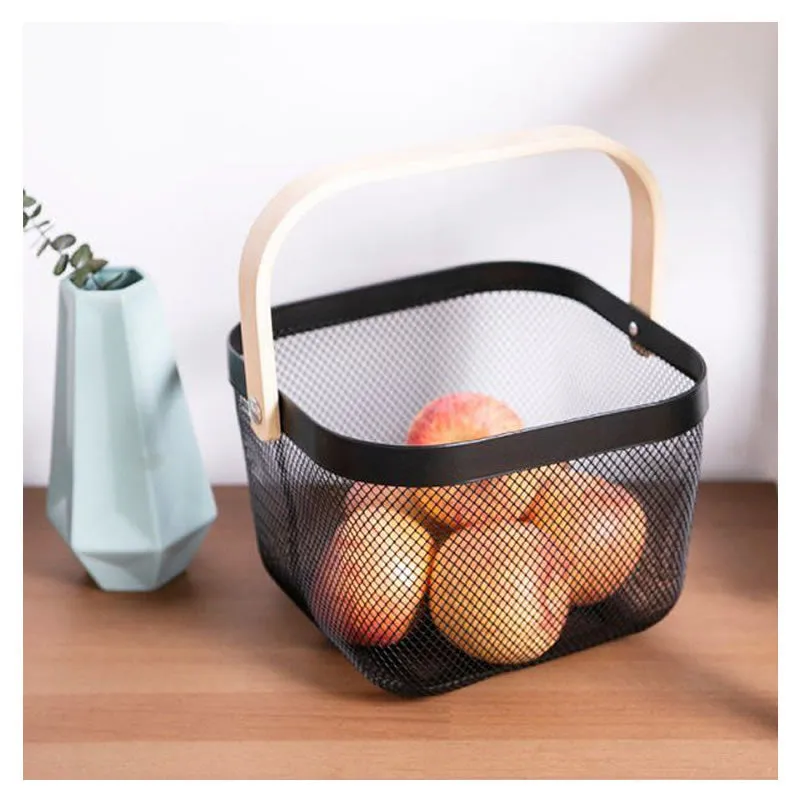 Multi-Functional Handheld Mesh Storage Basket With A Wooden Handle Sq Black