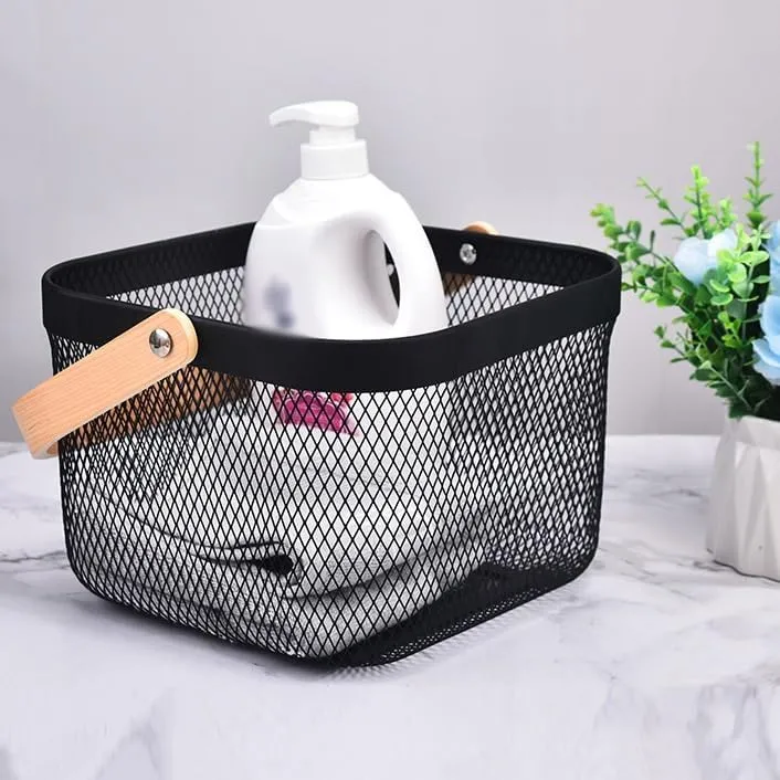 Multi-Functional Handheld Mesh Storage Basket With A Wooden Handle Sq Black