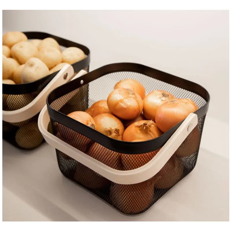 Multi-Functional Handheld Mesh Storage Basket With A Wooden Handle Sq Black