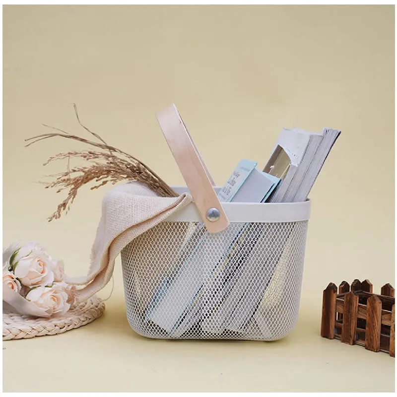 Multi-Functional Handheld Mesh Storage Basket With A Wooden Handle Sq White