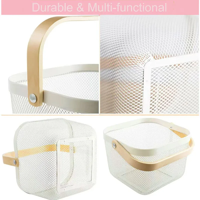 Multi-Functional Handheld Mesh Storage Basket With A Wooden Handle Sq White