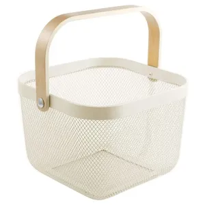 Multi-Functional Handheld Mesh Storage Basket With A Wooden Handle Sq White