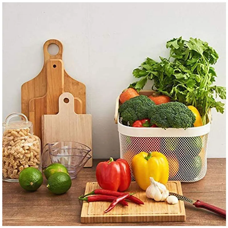 Multi-Functional Handheld Mesh Storage Basket With A Wooden Handle Sq White