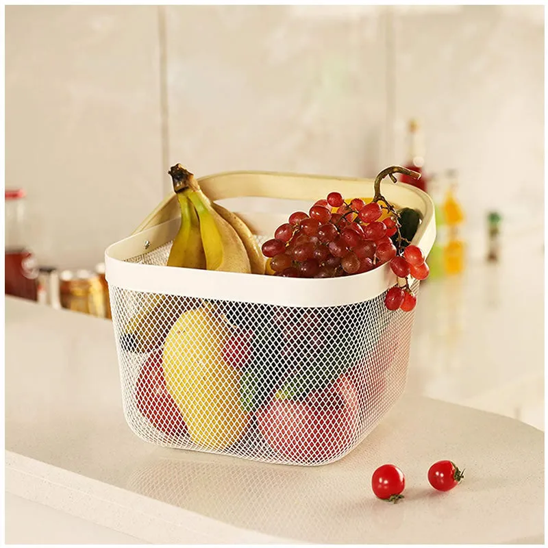 Multi-Functional Handheld Mesh Storage Basket With A Wooden Handle Sq White