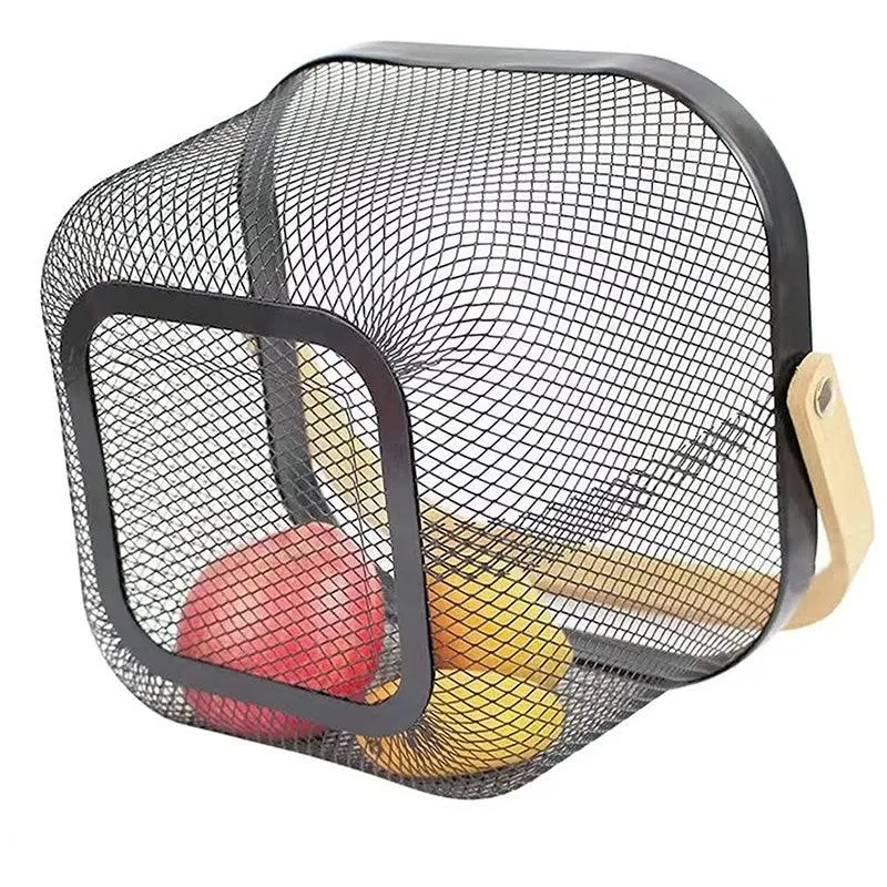 Multi-Functional Mesh Storage Basket with a Wooden Handle -SQ DARK GREY