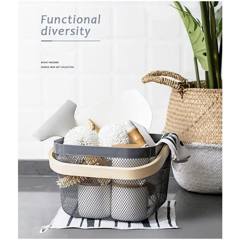 Multi-Functional Mesh Storage Basket with a Wooden Handle -SQ DARK GREY